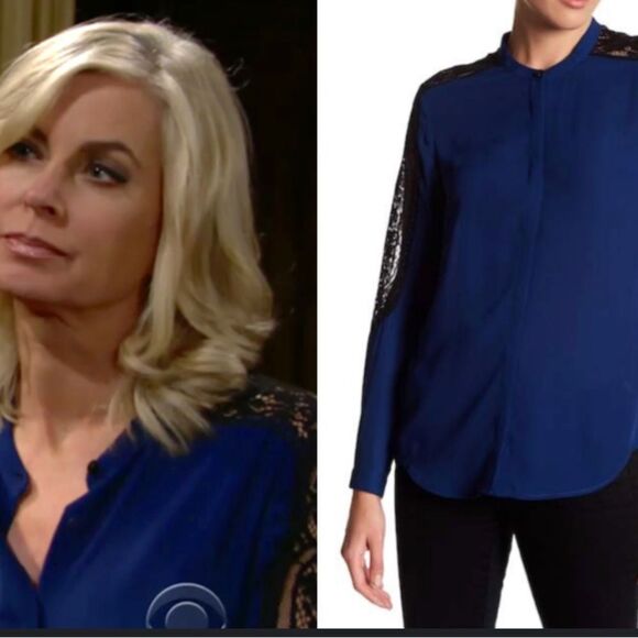 The Kooples Paris, blue button up blouse with black lace detail, extra small - Picture 12 of 12